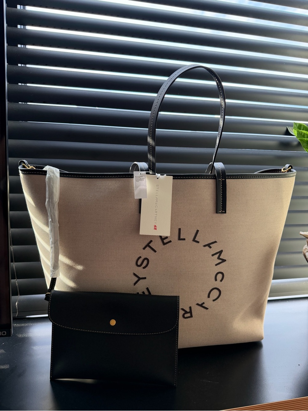 H&M Stella McCartney Beige Canvas Logo Tote with Black Pouch